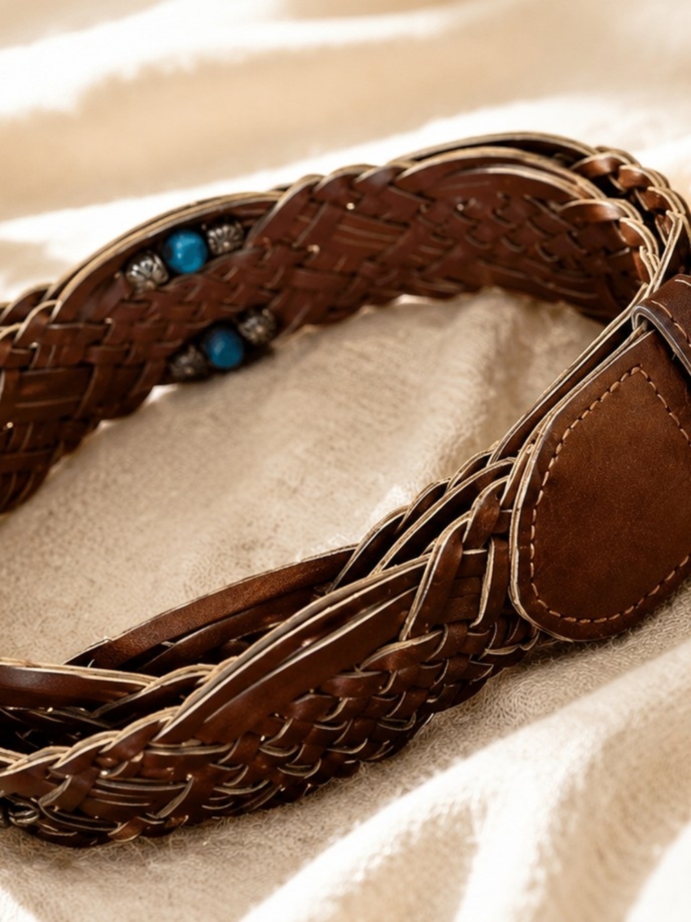 Brown Braided Leather Waist Belt with Turquoise Accents